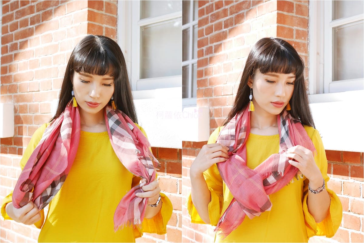 burberry輕盈格紋羊毛絲綢圍巾 四種綁法穿搭分享7.jpg